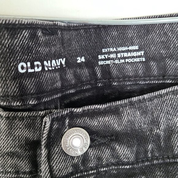 NWT Old Navy Sky Hi Straight Black Acid Wash Raw Hem Distressed Denim Fly Jeans - Picture 5 of 11